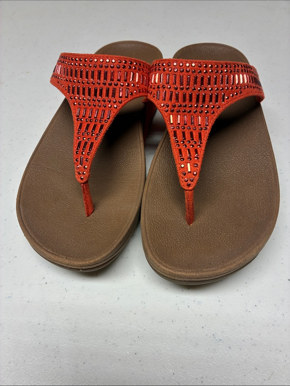FitFlop Incastone Rhinestone Thong Wedge Sandals Red Women’s Comfort Flip Flops